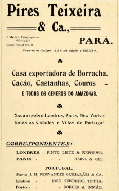 Anúncio de 1909 de casa exportadora de gêneros da Amazônia, entre eles a castanha-do-pará. Foto: ebay/Ad Pires Teixeira Ca
