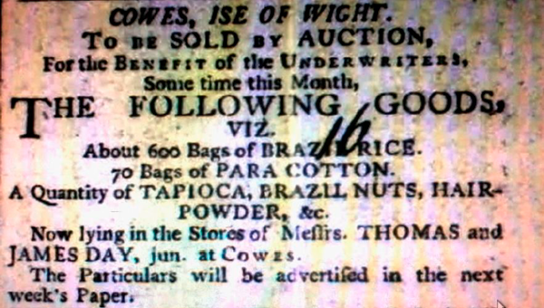 Anúncio do jornal inglês Hampshire Chronicle, 1796. Foto: British Newspaper Arquive via tese do autor