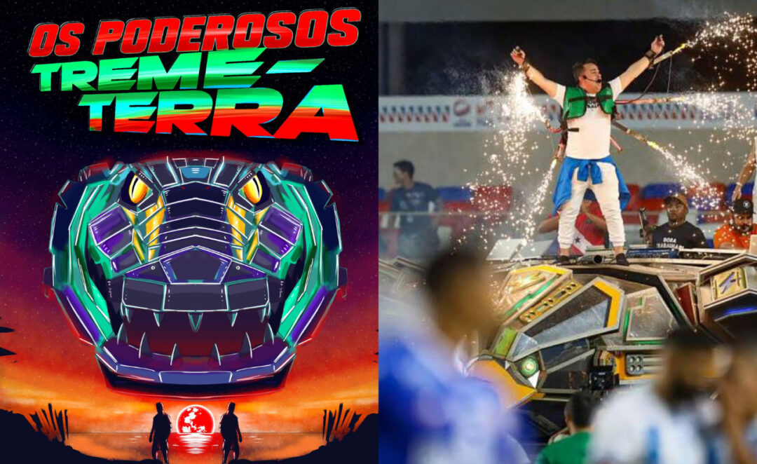 Imagem colorida mostra capa da HQ Os Poderosos Treme-Terra com crocodilo tecnologico a esquerda e a direita uma apresentação de aparelhagem com um artista em cima de uma águia tecnológica e nas suas costas saindo fogos pirotécnicos