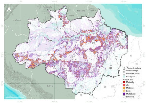 Mapa mostra áreas sob cinco categorias de risco de desmatamento: muito alto, alto, moderado, baixo e muito baixo